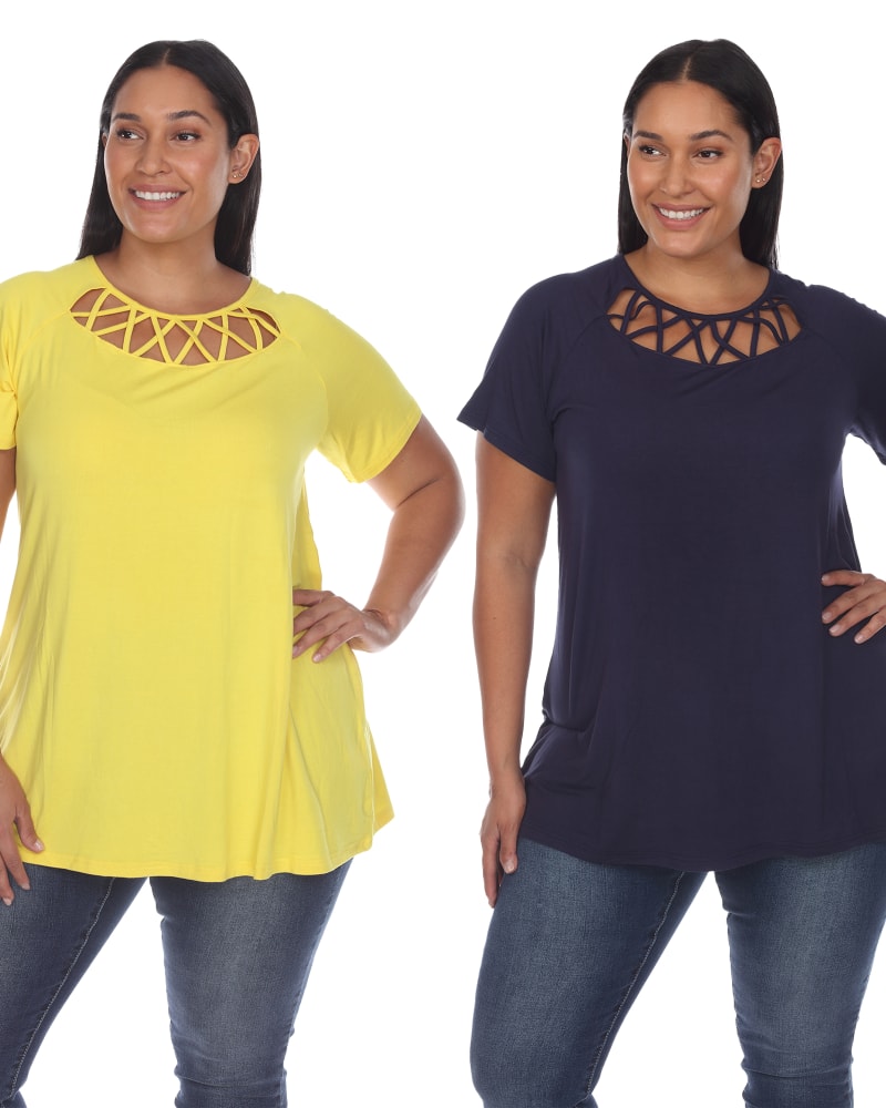 Front of a model wearing a size 2X Essential 2 Pack Light Crisscross Top in Yellow Navy by White Mark. | dia_product_style_image_id:250001